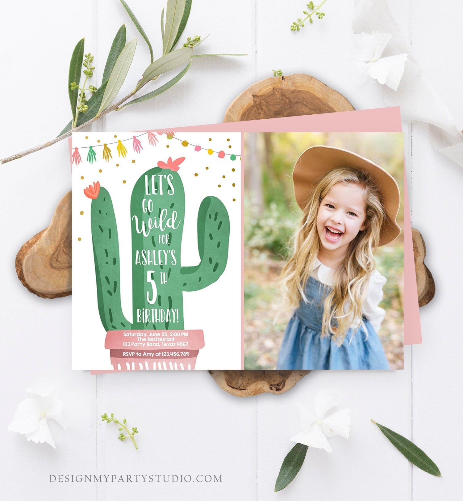 Editable Cactus Fiesta Birthday Invitation Pink Girl First Birthday Succulent 1st Mexican Fiesta and Fun Corjl Template Printable 0255