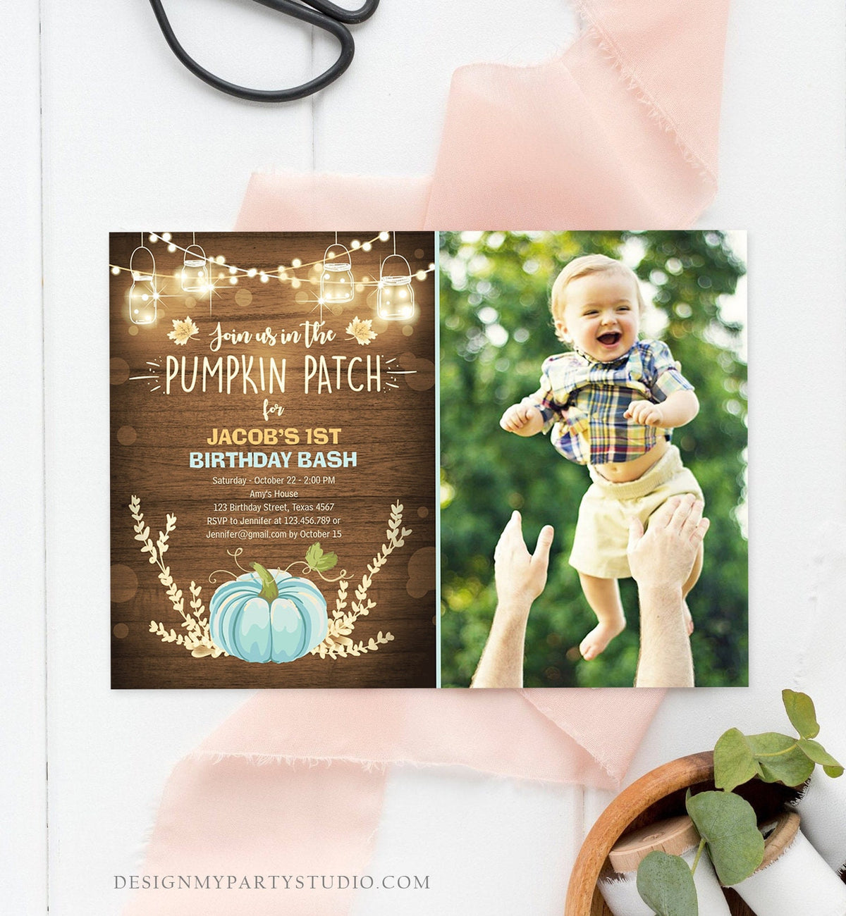 Editable Little Pumpkin Birthday Invitation Blue Pumpkin Patch Autumn Fall Rustic Boy 1st First Birthday Corjl Invitation Printable 0015