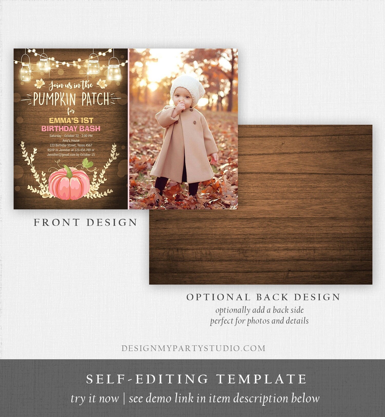 Editable Little Pumpkin Birthday Invitation Pink Pumpkin Patch Autumn Fall Rustic Girl 1st First Birthday Corjl Invitation Printable 0015