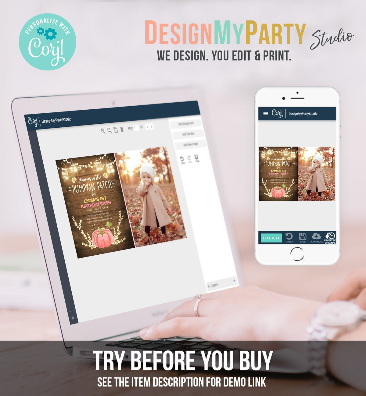 Editable Little Pumpkin Birthday Invitation Pink Pumpkin Patch Autumn Fall Rustic Girl 1st First Birthday Corjl Invitation Printable 0015