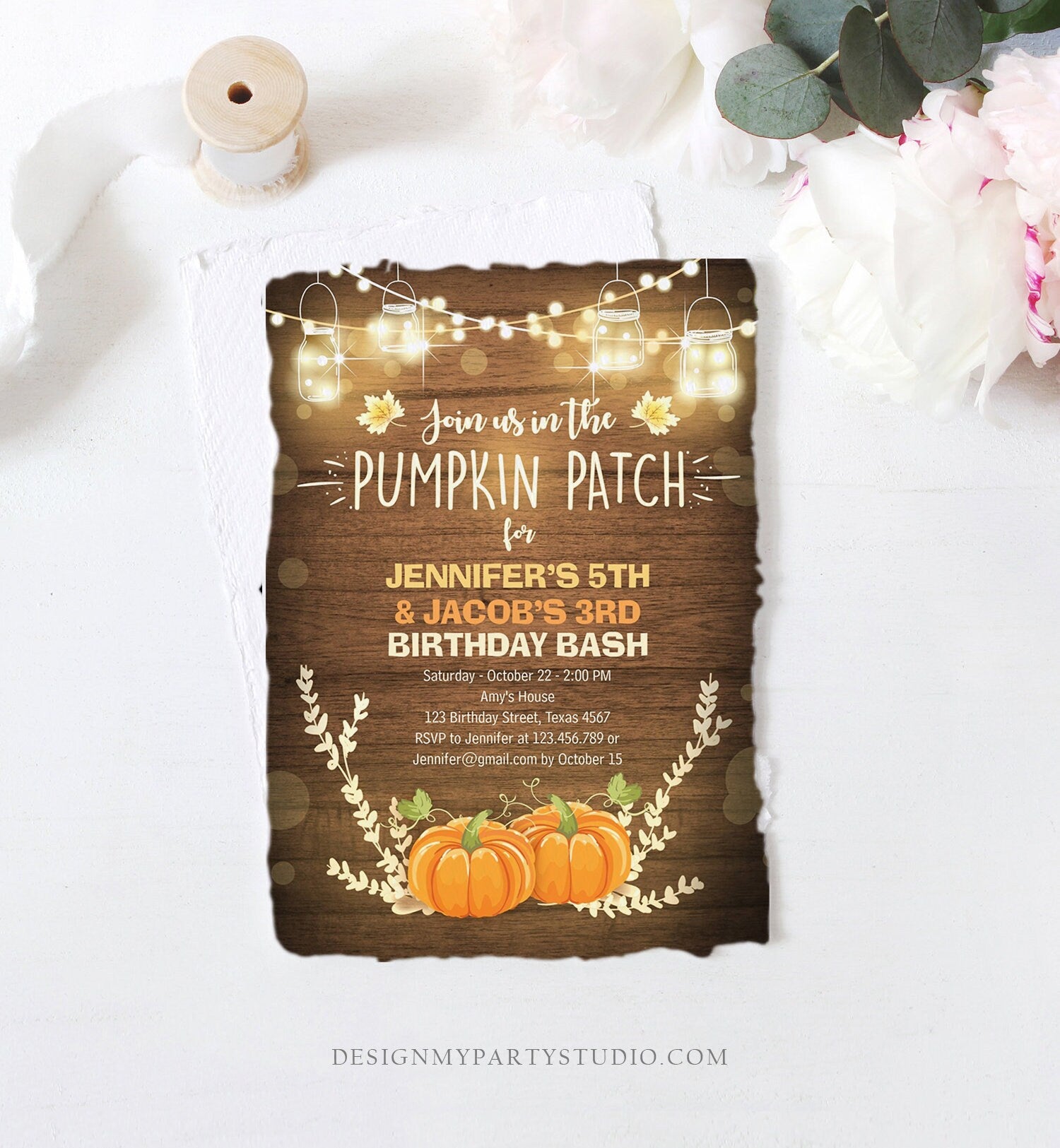 Editable Little Pumpkins Birthday Invitation Orange Pumpkins Patch Autumn Fall Rustic Boy Girl Twins Twin Corjl Invitation Printable 0015