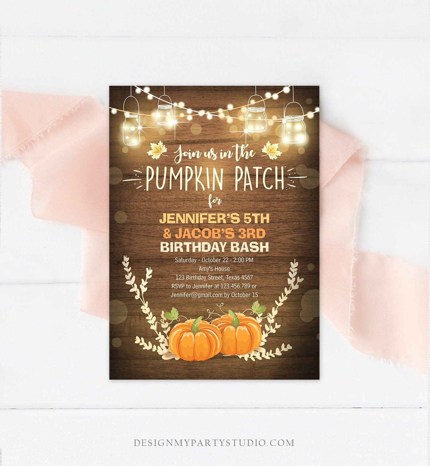 Editable Little Pumpkins Birthday Invitation Orange Pumpkins Patch Autumn Fall Rustic Boy Girl Twins Twin Corjl Invitation Printable 0015