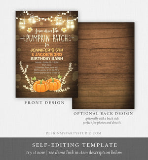 Editable Little Pumpkins Birthday Invitation Orange Pumpkins Patch Autumn Fall Rustic Boy Girl Twins Twin Corjl Invitation Printable 0015