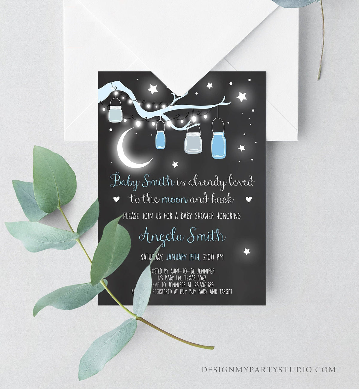 Editable Love You to the Moon and Back Baby Shower Invitation Boy Blue Stars Moon Jars Rustic Baby Instant Download Corjl Template 0306