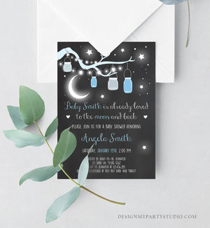 Editable Love You to the Moon and Back Baby Shower Invitation Boy Blue Stars Moon Jars Rustic Baby Instant Download Corjl Template 0306