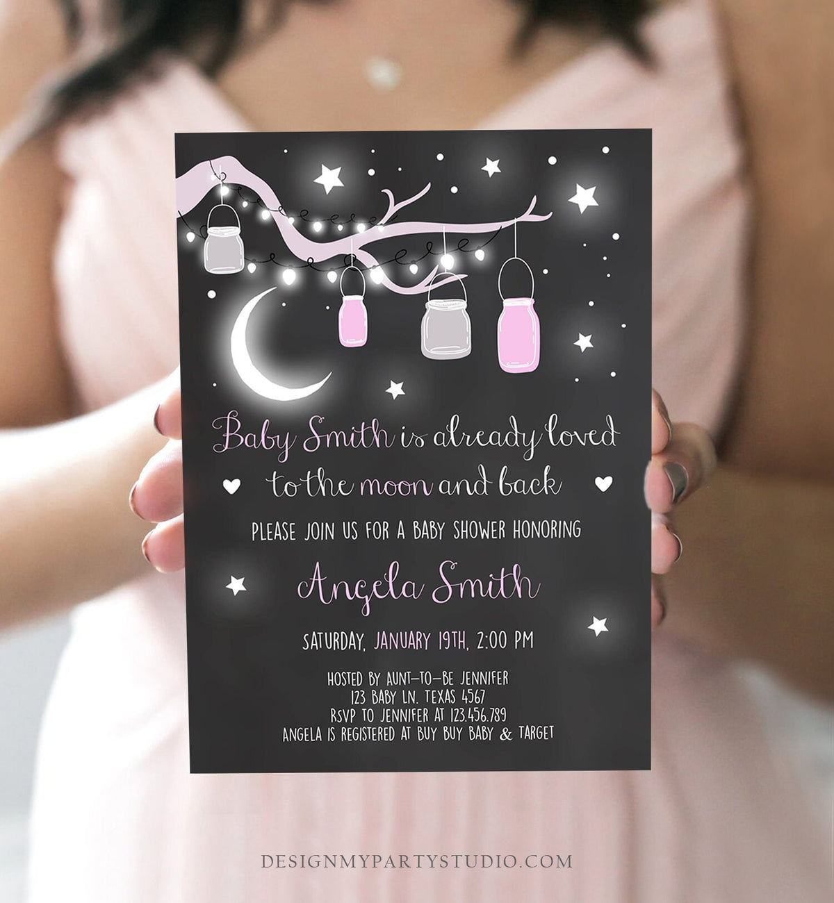 Editable Love You to the Moon and Back Baby Shower Invitation Girl Pink Stars Moon Jars Rustic Baby Instant Download Corjl Template 0306