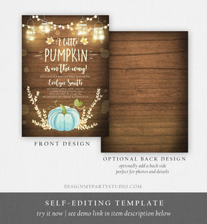 Editable Little Pumpkin Baby Shower Invitation Blue Pumpkin Patch Autumn Fall Rustic Baby Boy Sprinkle Corjl Template Printable 0015
