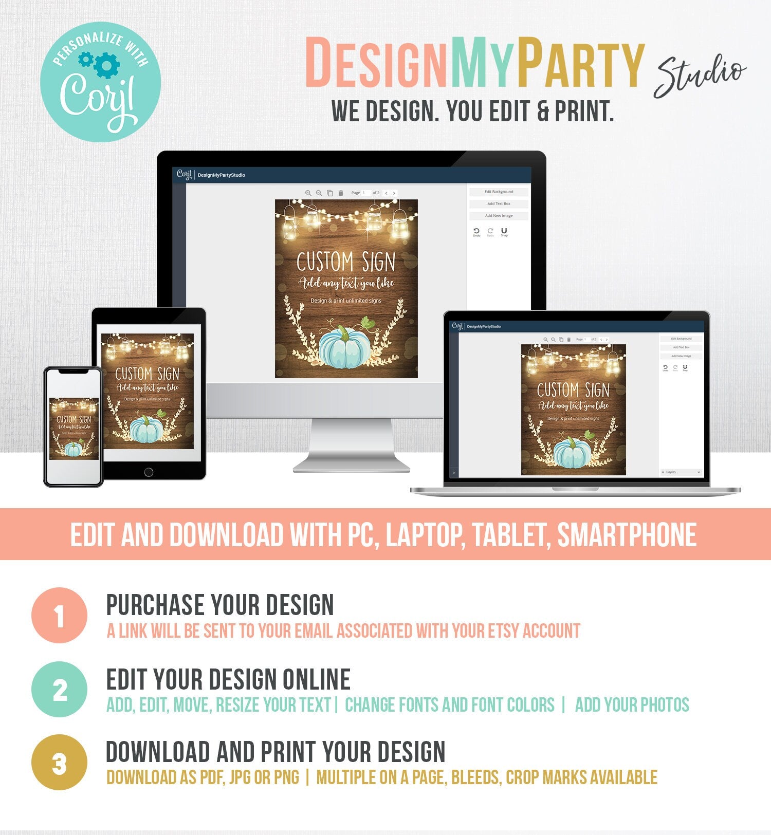 Editable Pumpkin Custom Sign Blue Pumpkin Table Sign Autumn Fall Decor Halloween Thanksgiving Party 8x10 Corjl Template Printable 0015