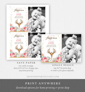 Editable Our Little Deer Birthday Invitation Pink Gold Girl Birthday Floral Woodland Antlers Download Printable Template Corjl Digital 0060