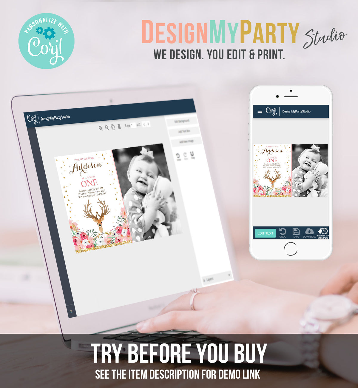 Editable Our Little Deer Birthday Invitation Pink Gold Girl Birthday Floral Woodland Antlers Download Printable Template Corjl Digital 0060