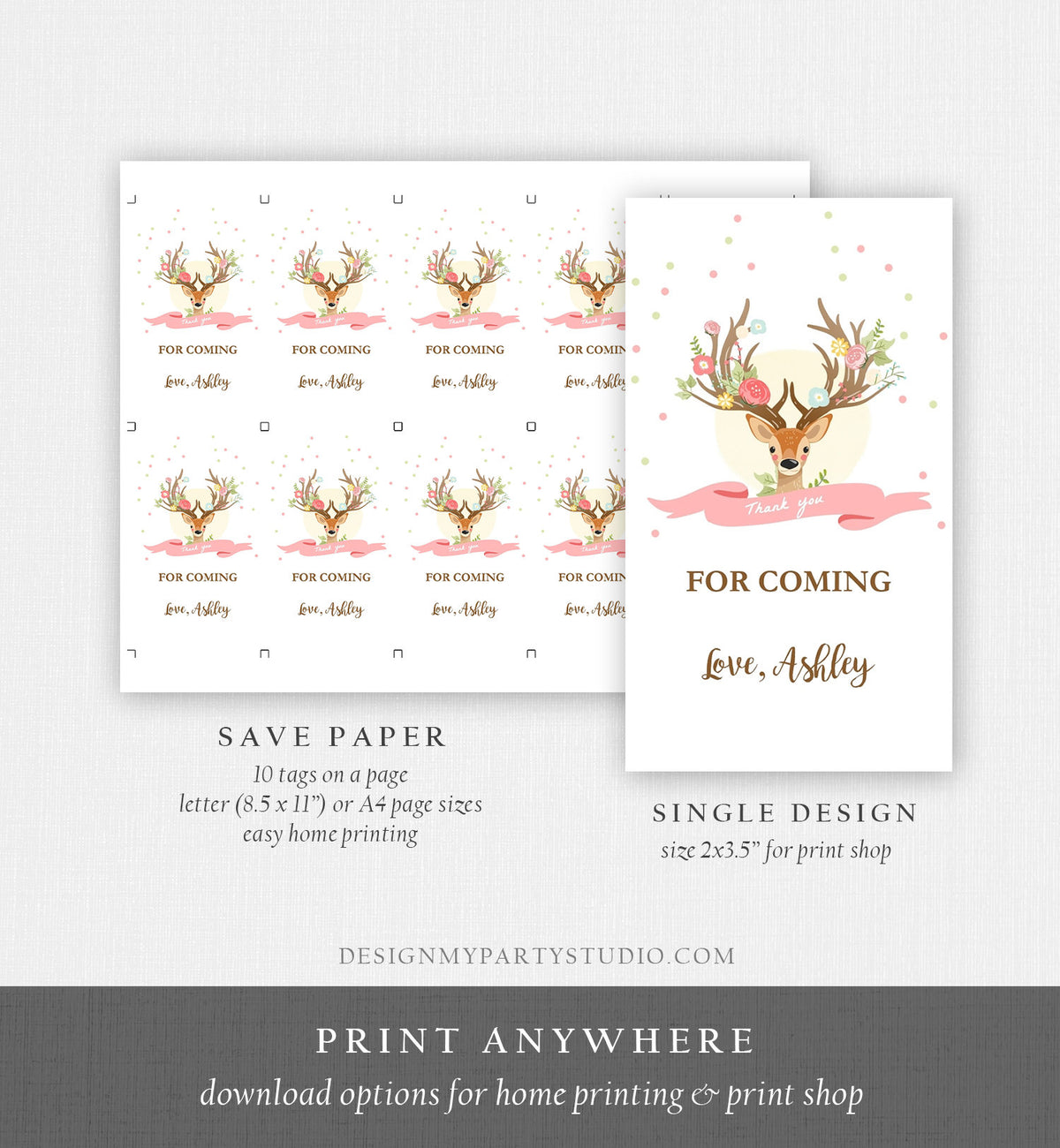 Editable Little Deer Favor Tags Birthday Floral Woodland Thank you Tag Pink Gold Label Gift Deer Baby Shower template PRINTABLE Corjl 0060