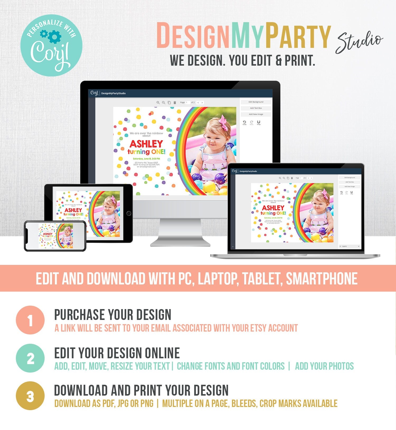 Editable Rainbow Birthday Invitation Kids Girl Boy Neutral Party Clouds Colorful Rainbow Colors Confetti Printable Corjl Template Digital