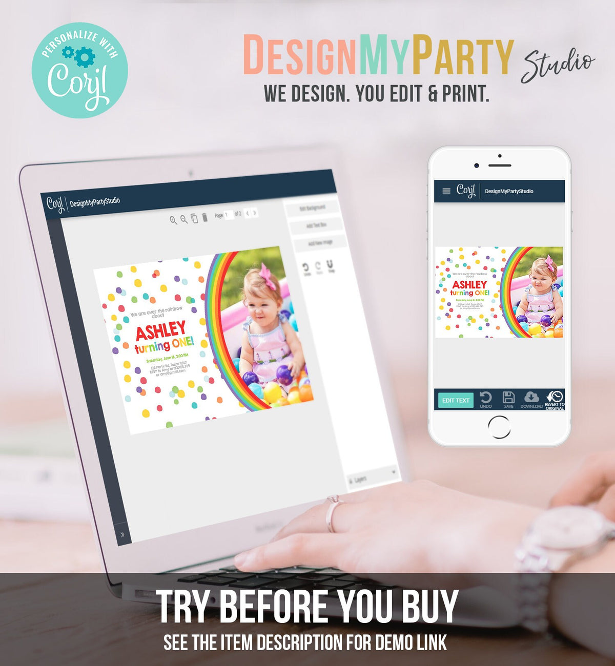 Editable Rainbow Birthday Invitation Kids Girl Boy Neutral Party Clouds Colorful Rainbow Colors Confetti Printable Corjl Template Digital