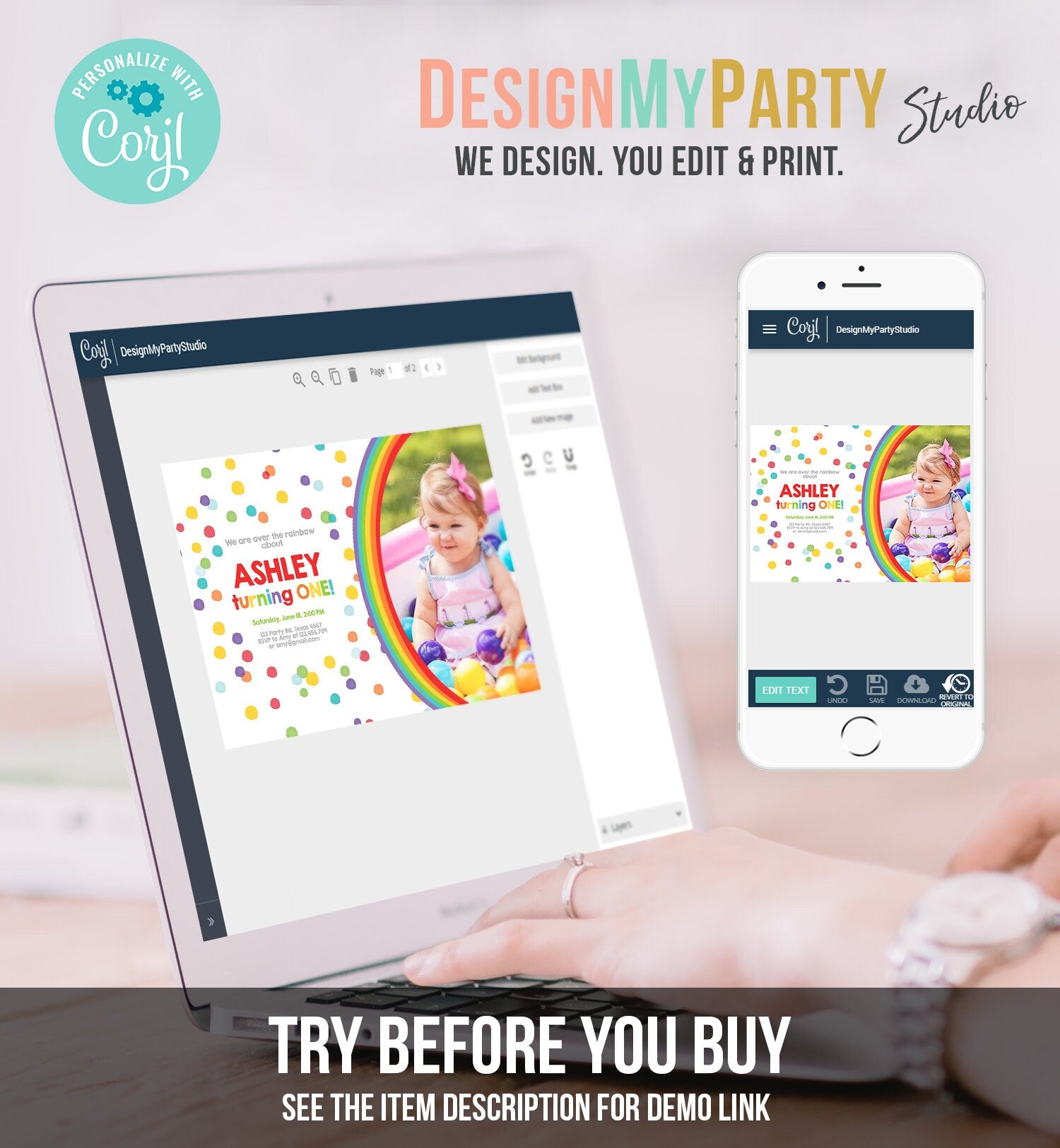 Editable Rainbow Birthday Invitation Kids Girl Boy Neutral Party Clouds Colorful Rainbow Colors Confetti Printable Corjl Template Digital