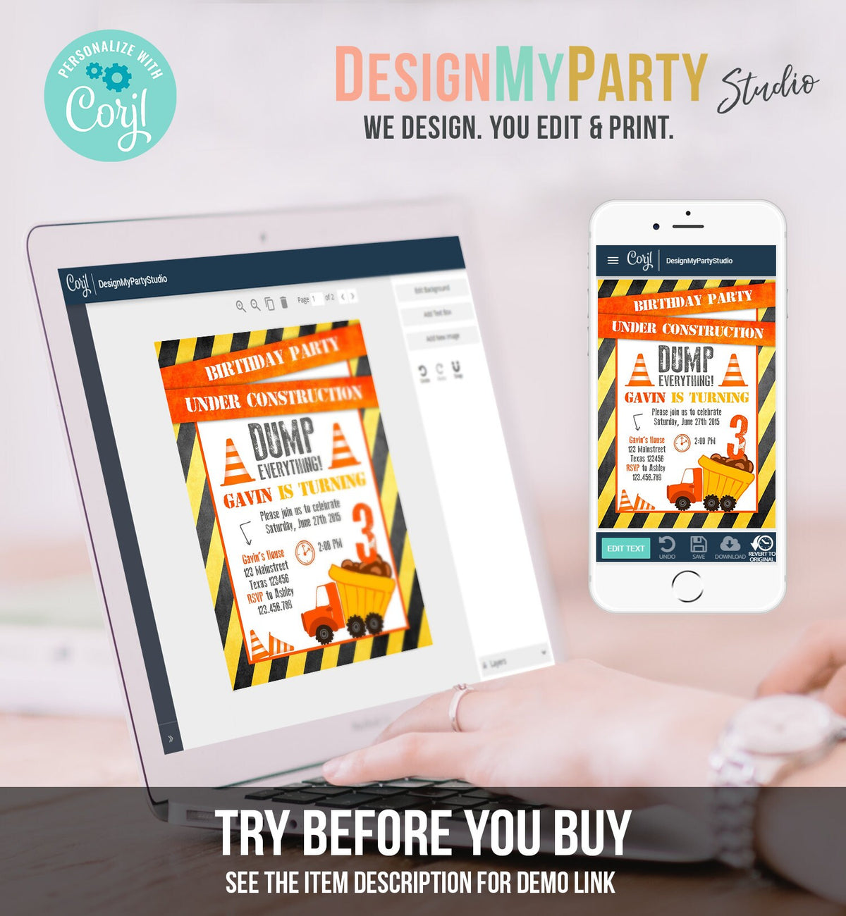 Editable Construction Birthday Invitation Dump Truck Invite Caution Boy Traffic Road Work Truck Dirt Printable Template Digital Corjl 0157