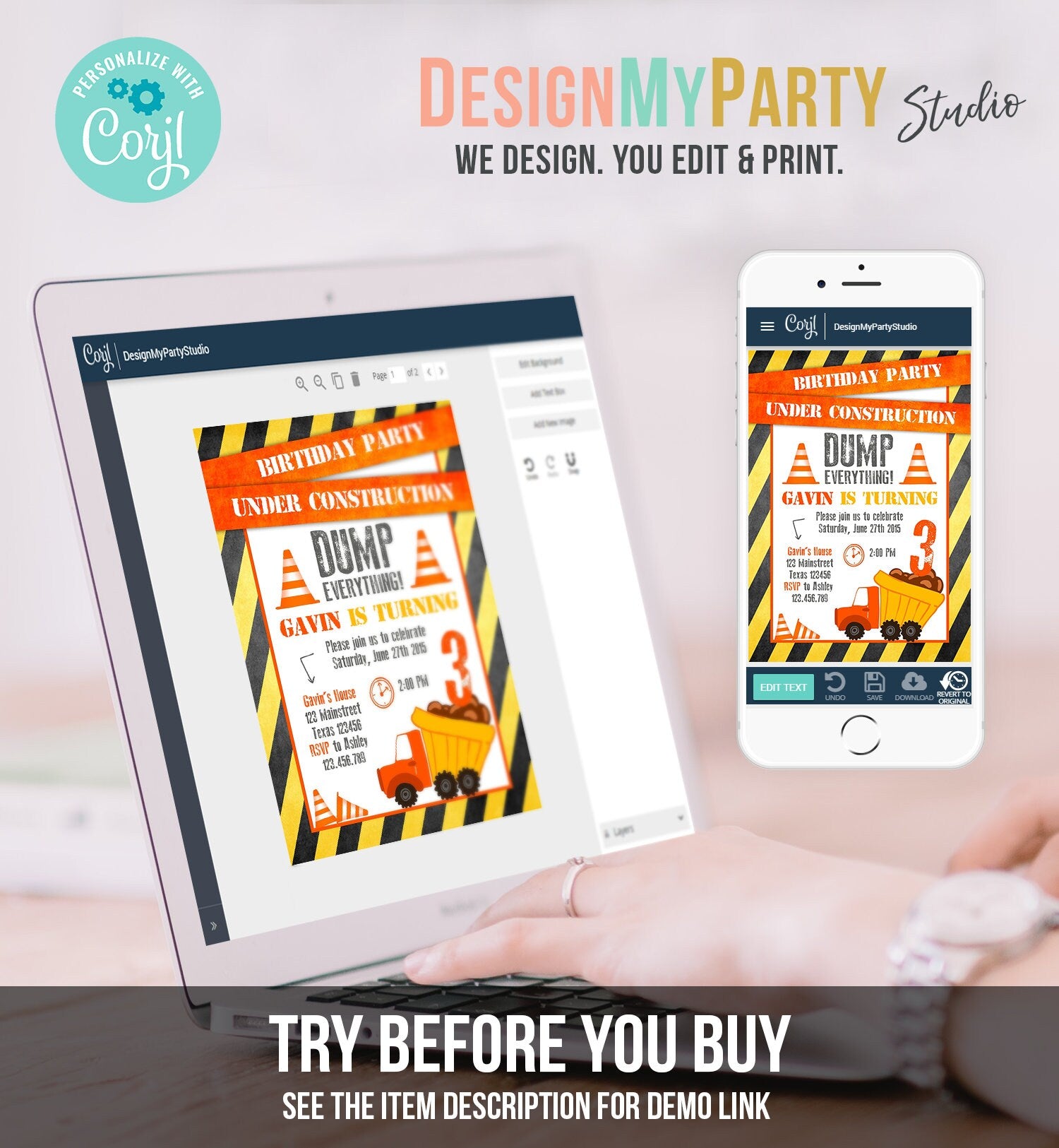 Editable Construction Birthday Invitation Dump Truck Invite Caution Boy Traffic Road Work Truck Dirt Printable Template Digital Corjl 0157