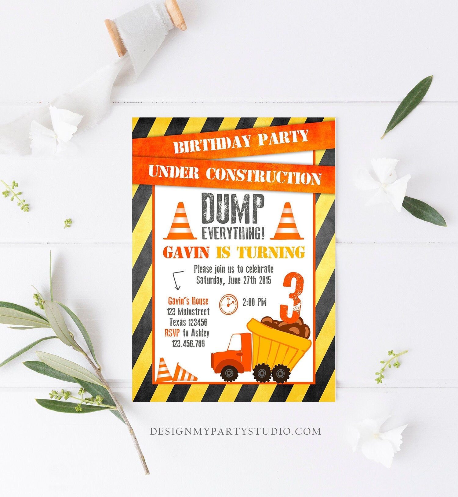 Editable Construction Birthday Invitation Dump Truck Invite Caution Boy Traffic Road Work Truck Dirt Printable Template Digital Corjl 0157