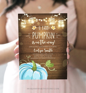 Editable Little Pumpkin Baby Shower Invitation Blue Pumpkin Patch Autumn Fall Rustic Baby Boy Girl Sprinkle Corjl Template Printable 0015