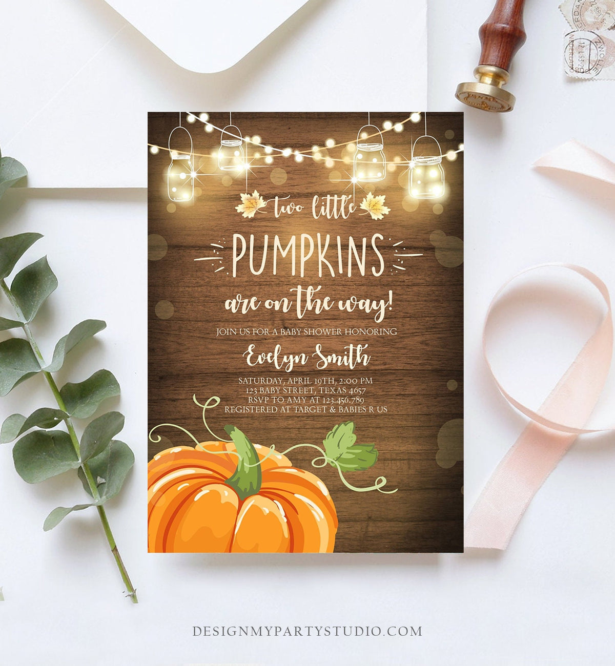 Editable Two Little Pumpkins Baby Shower Invitation Twins Orange Pumpkin Patch Autumn Fall Rustic Sprinkle Corjl Template Printable 0015