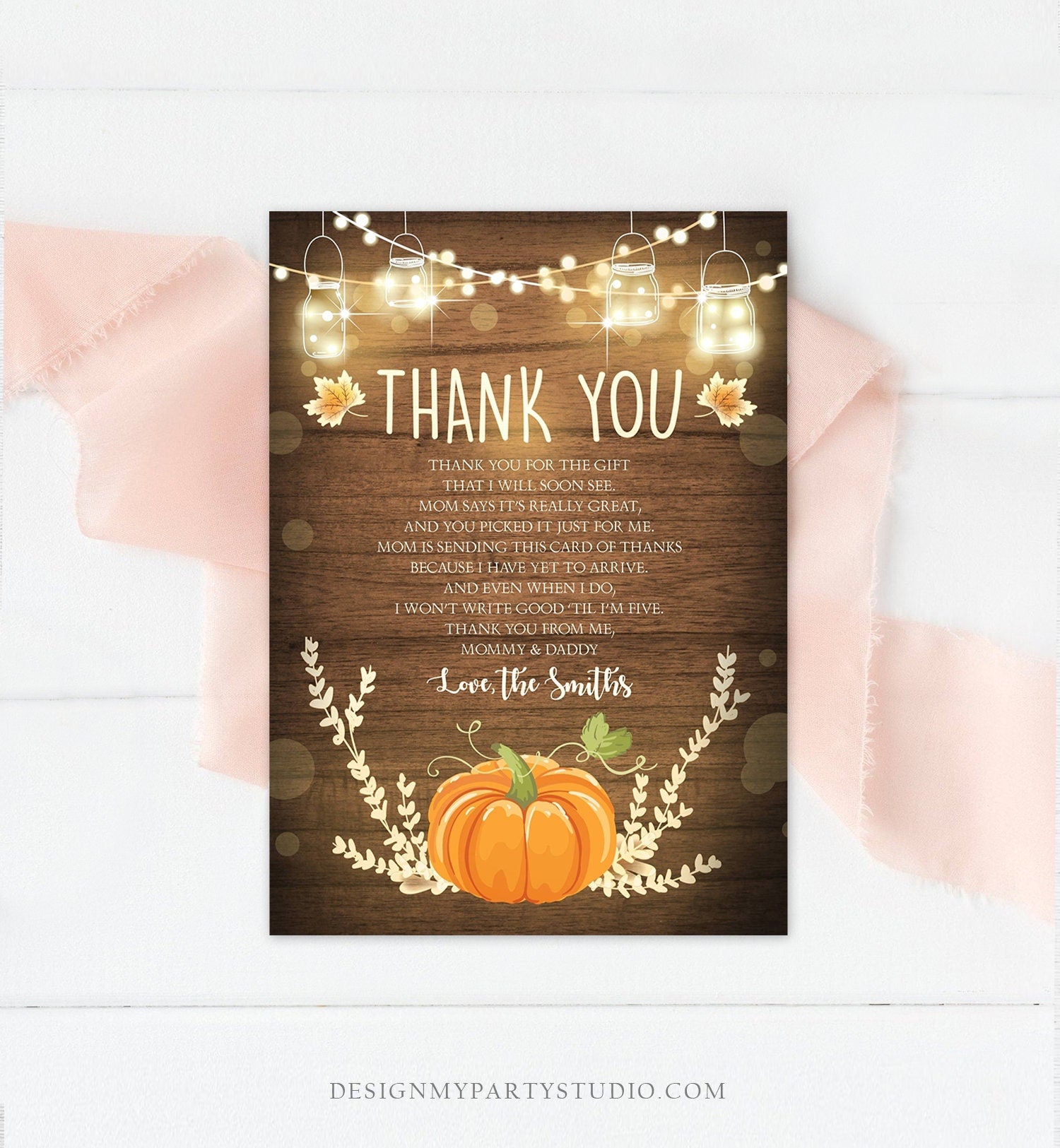 Editable Pumpkin Thank You Card Birthday Baby Shower Thank You Note Rustic Fall Autumn Little Pumpkin Sprinkle Corjl Template Printable 0015