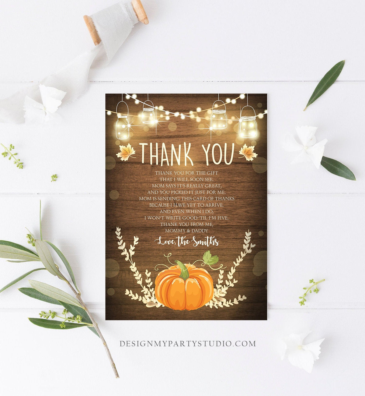 Editable Pumpkin Thank You Card Birthday Baby Shower Thank You Note Rustic Fall Autumn Little Pumpkin Sprinkle Corjl Template Printable 0015
