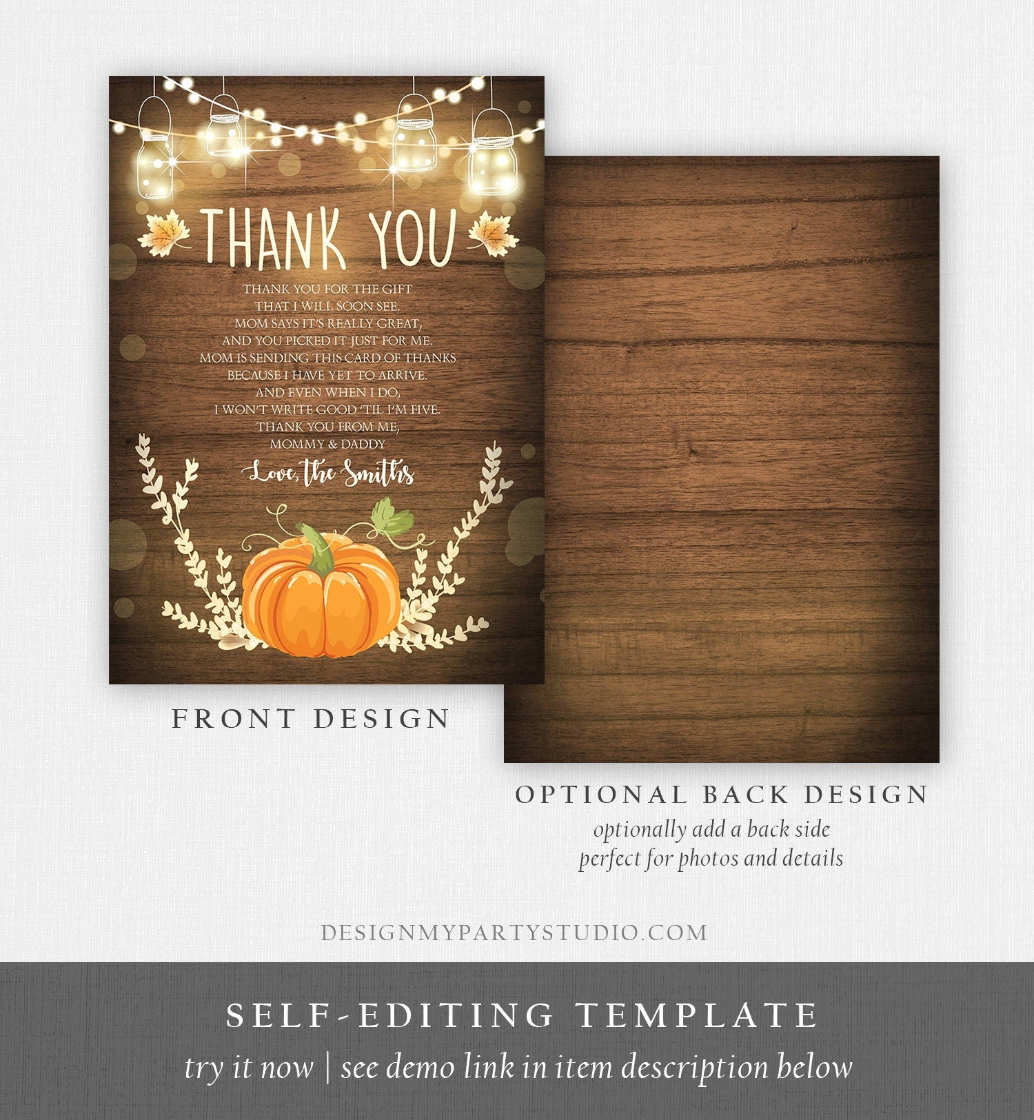Editable Pumpkin Thank You Card Birthday Baby Shower Thank You Note Rustic Fall Autumn Little Pumpkin Sprinkle Corjl Template Printable 0015