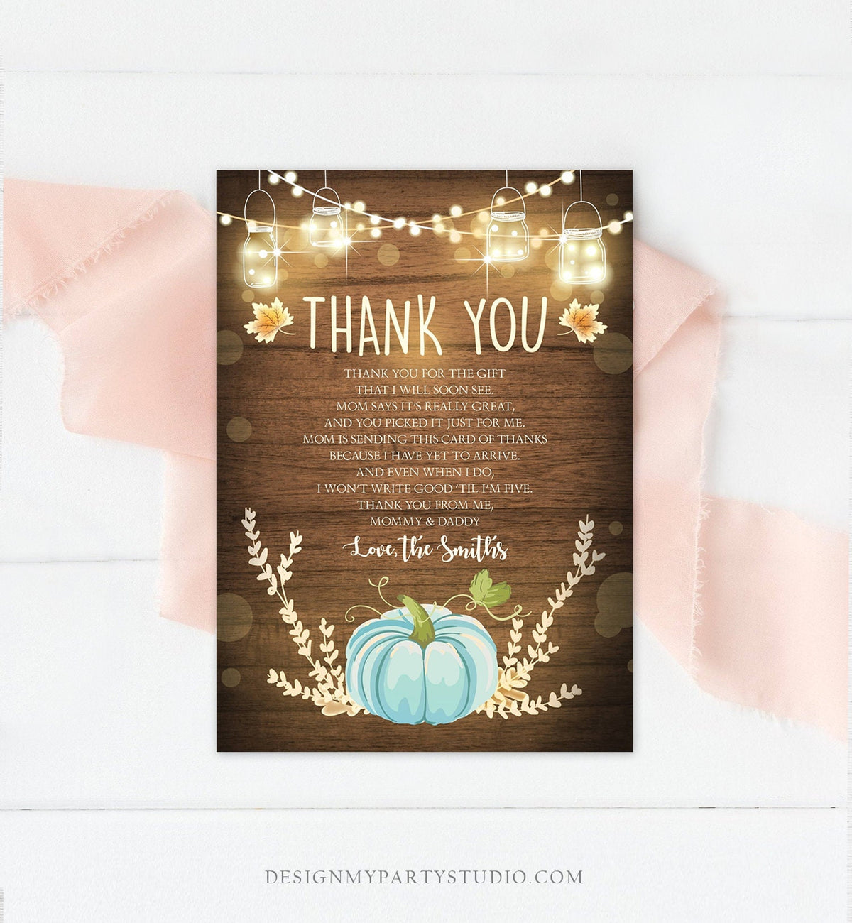 Editable Pumpkin Thank You Card Birthday Baby Shower Thank You Note Rustic Fall Autumn Little Pumpkin Sprinkle Corjl Template Printable 0015