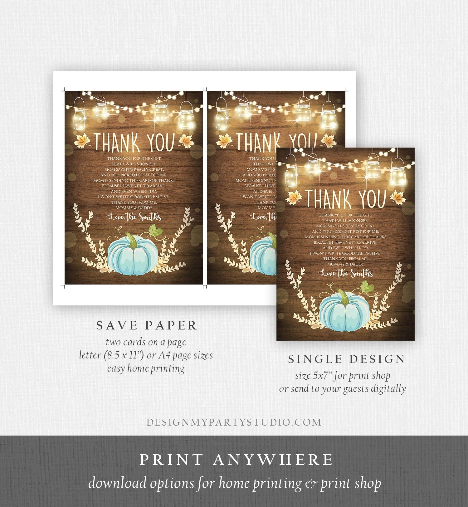 Editable Pumpkin Thank You Card Birthday Baby Shower Thank You Note Rustic Fall Autumn Little Pumpkin Sprinkle Corjl Template Printable 0015