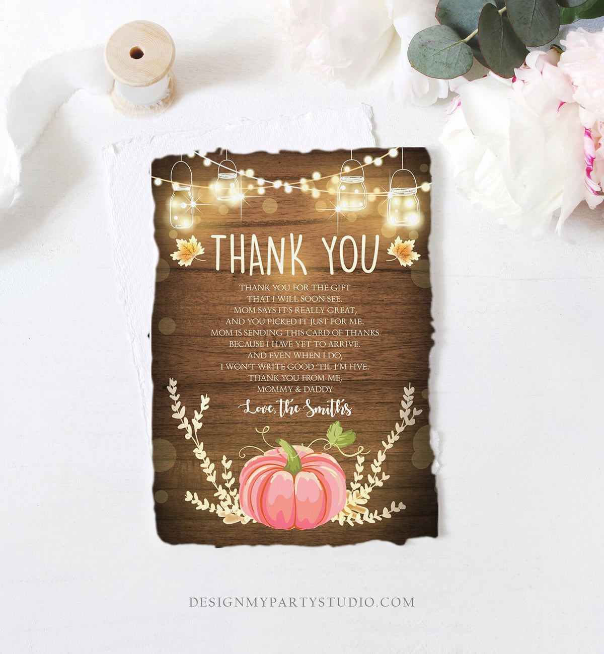 Editable Pumpkin Thank You Card Birthday Baby Shower Thank You Note Rustic Fall Autumn Little Pumpkin Sprinkle Corjl Template Printable 0015