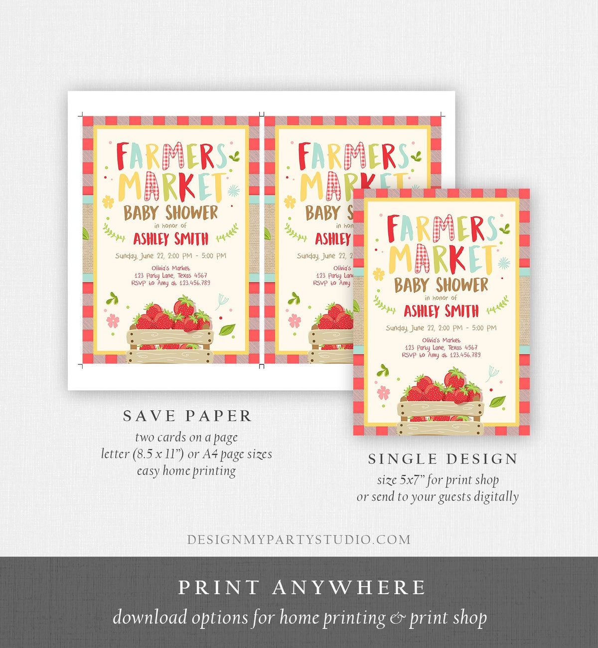 Editable Baby Shower Invitation Locally Grown Farmers Market Baby Shower Strawberries Shower Download Printable Invite Template Corjl 0223