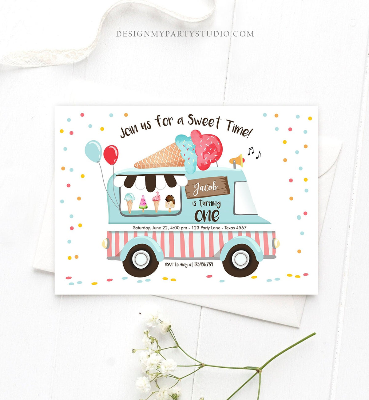Editable Ice Cream Truck Birthday Invitation Ice Cream Birthday Party Cone Boy Girl Double Birthday Any Age Printable Template Corjl 0243