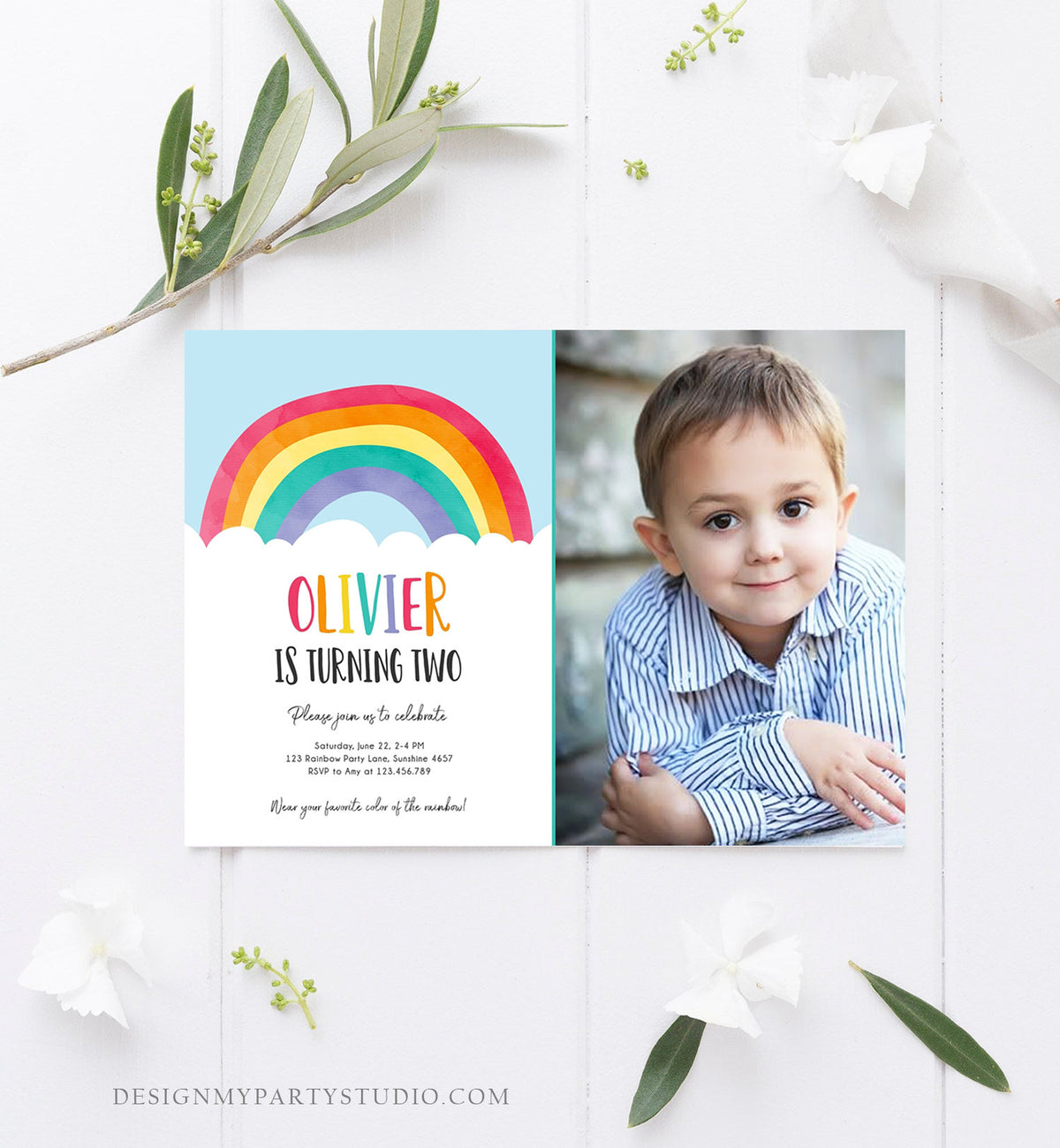 Editable Rainbow Birthday Invitation Boy Girl Neutral Clouds Blue Rainbow Fun Over the Rainbow Party Digital Corjl Template Printable 0272