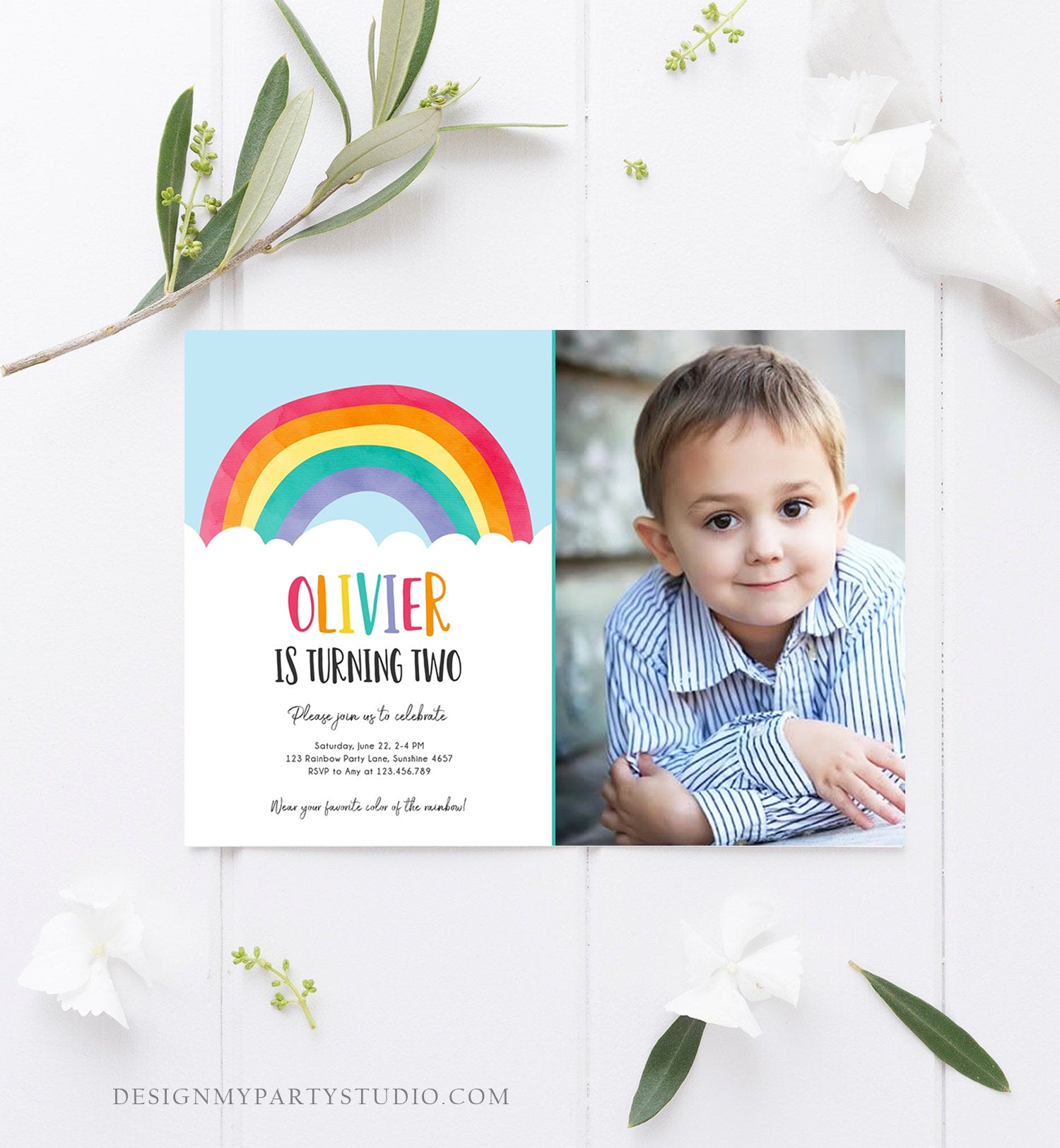Editable Rainbow Birthday Invitation Boy Girl Neutral Clouds Blue Rainbow Fun Over the Rainbow Party Digital Corjl Template Printable 0272