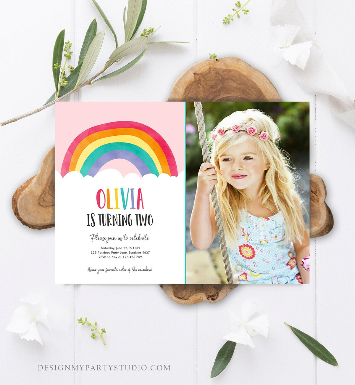 Editable Rainbow Birthday Invitation Boy Girl Neutral Clouds Pink Rainbow Fun Over the Rainbow Party Digital Corjl Template Printable 0272