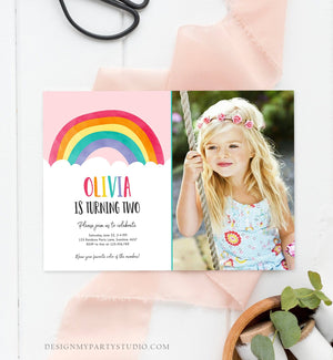 Editable Rainbow Birthday Invitation Boy Girl Neutral Clouds Pink Rainbow Fun Over the Rainbow Party Digital Corjl Template Printable 0272