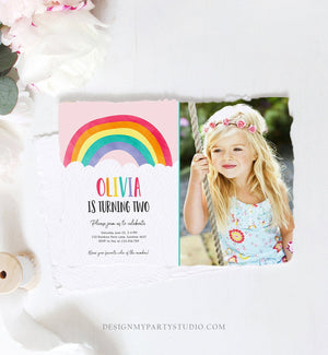 Editable Rainbow Birthday Invitation Boy Girl Neutral Clouds Pink Rainbow Fun Over the Rainbow Party Digital Corjl Template Printable 0272