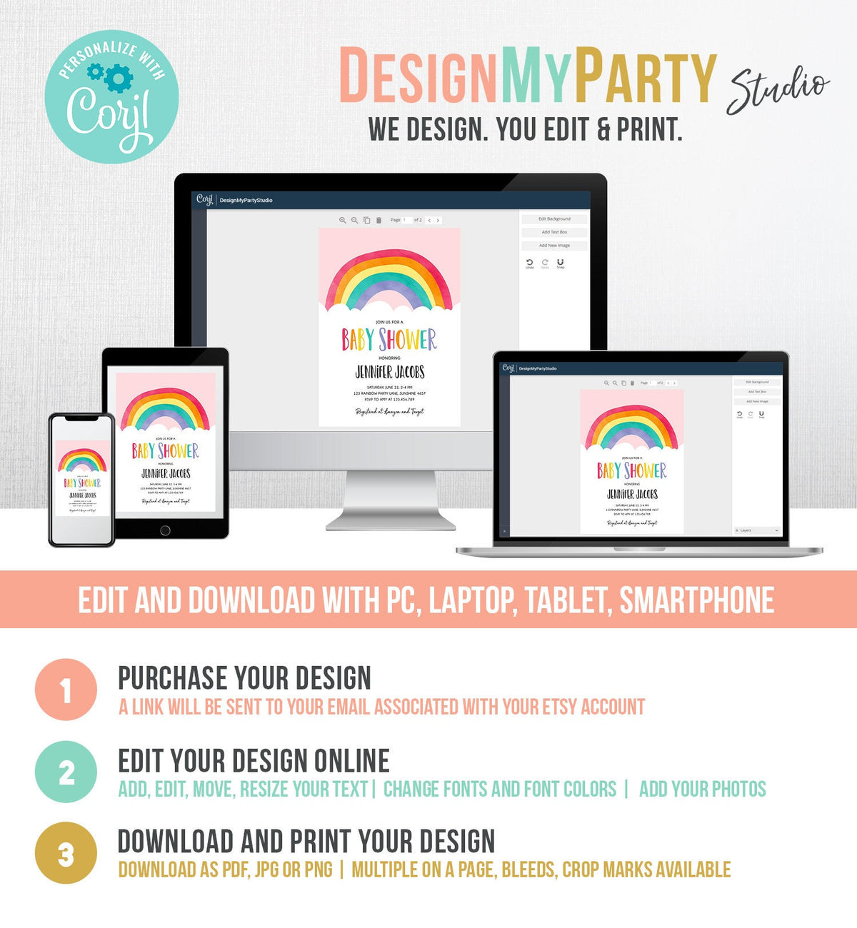 Editable Rainbow Baby Shower Invitation Boy or Girl Neutral Clouds Coed Over the Rainbow Pink or Blue Digital Corjl Template Printable 0272