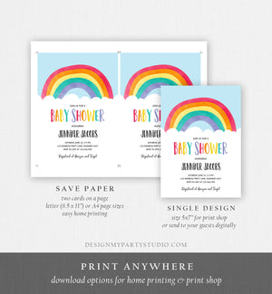 Editable Rainbow Baby Shower Invitation Boy or Girl Neutral Clouds Coed Over the Rainbow Pink or Blue Digital Corjl Template Printable 0272