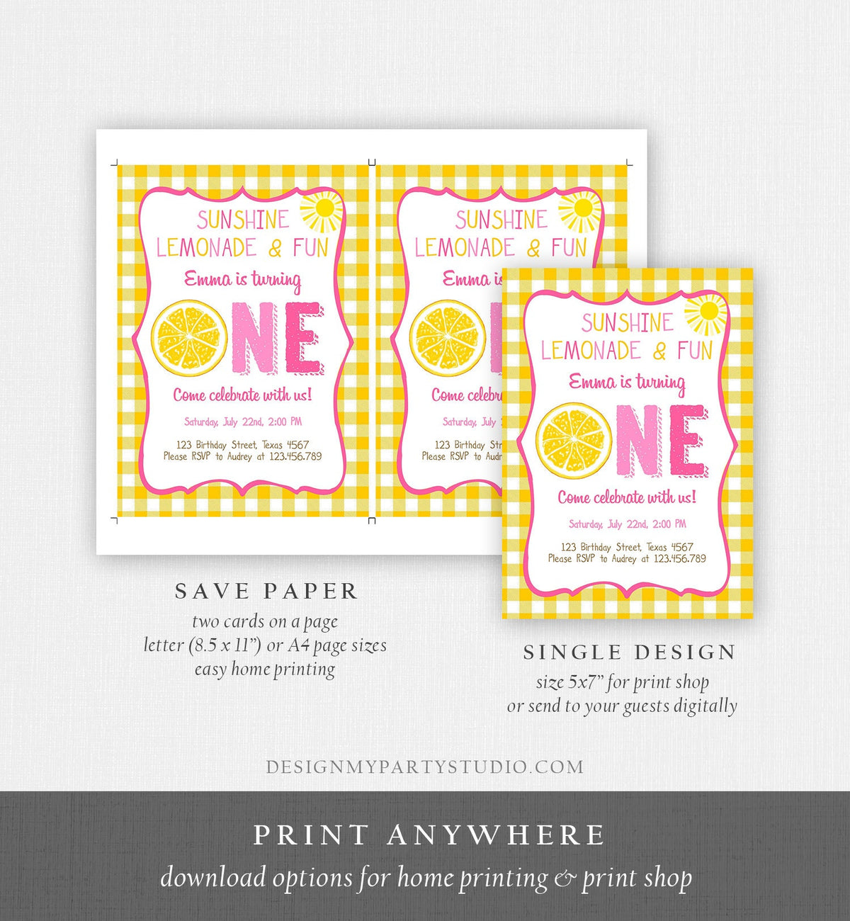 Editable Sunshine Lemonade Birthday Invitation Pink Girl Sunshine Party Lemonade and Fun Invite 1st Birthday Printable Template Corjl 0308