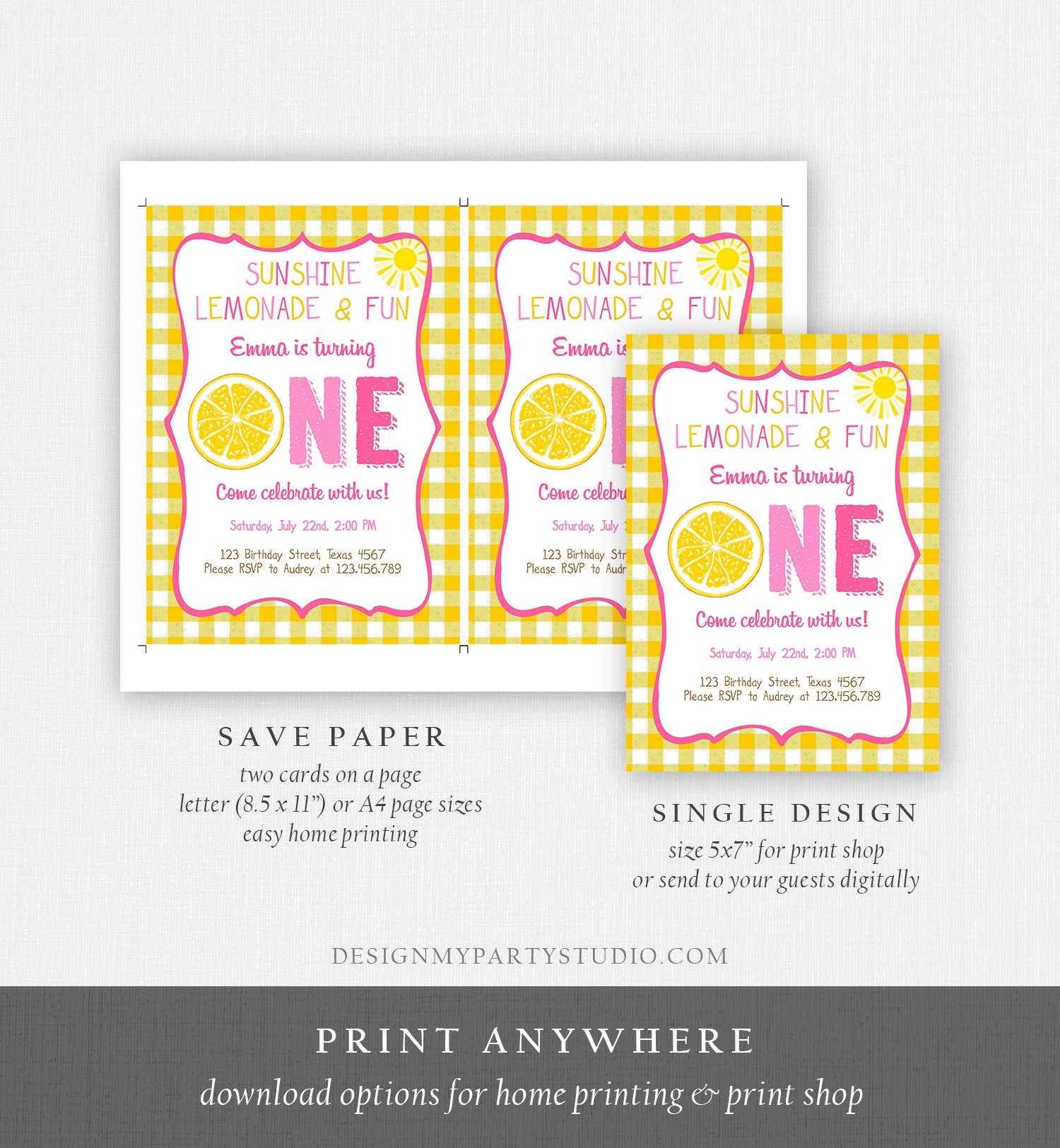 Editable Sunshine Lemonade Birthday Invitation Pink Girl Sunshine Party Lemonade and Fun Invite 1st Birthday Printable Template Corjl 0308