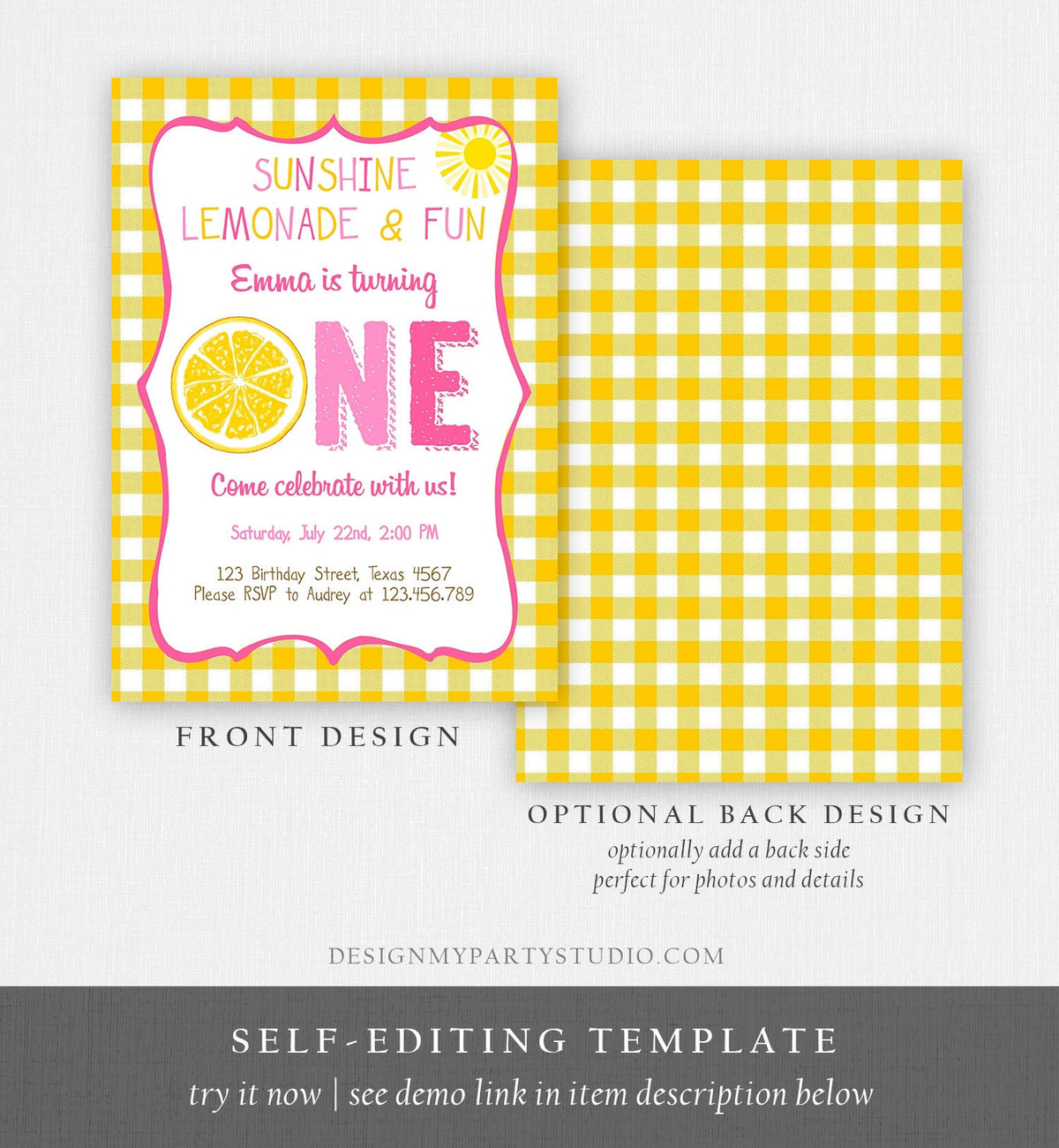 Editable Sunshine Lemonade Birthday Invitation Pink Girl Sunshine Party Lemonade and Fun Invite 1st Birthday Printable Template Corjl 0308