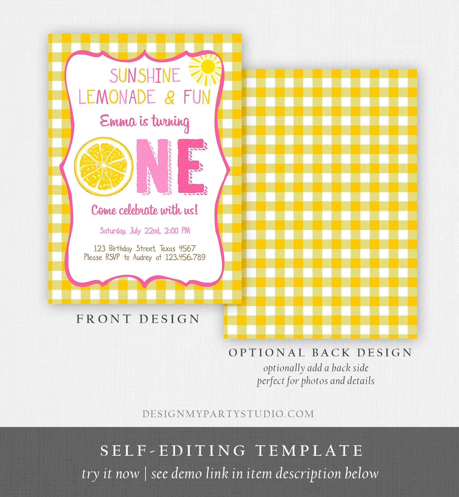 Editable Sunshine Lemonade Birthday Invitation Pink Girl Sunshine Party Lemonade and Fun Invite 1st Birthday Printable Template Corjl 0308