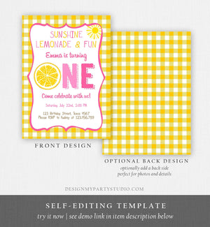 Editable Sunshine Lemonade Birthday Invitation Pink Girl Sunshine Party Lemonade and Fun Invite 1st Birthday Printable Template Corjl 0308