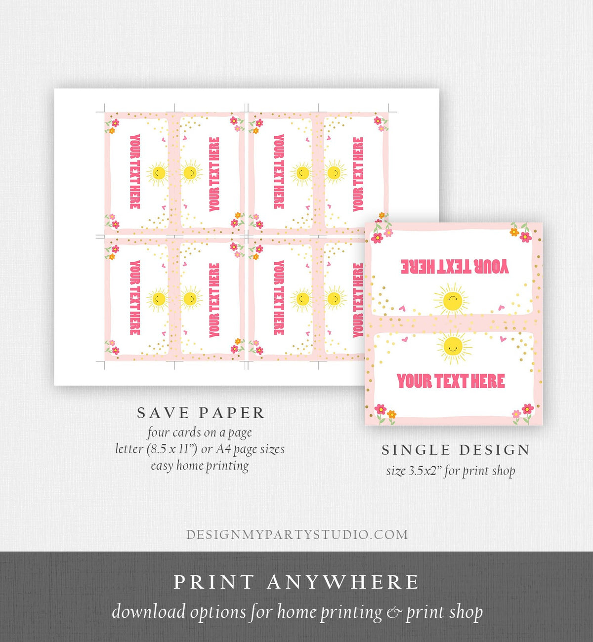 Editable Sunshine Food Labels Sunshine Place Card Sunshine Birthday Tent Card Escort Card Pink Girl Printable Template Corjl 0070