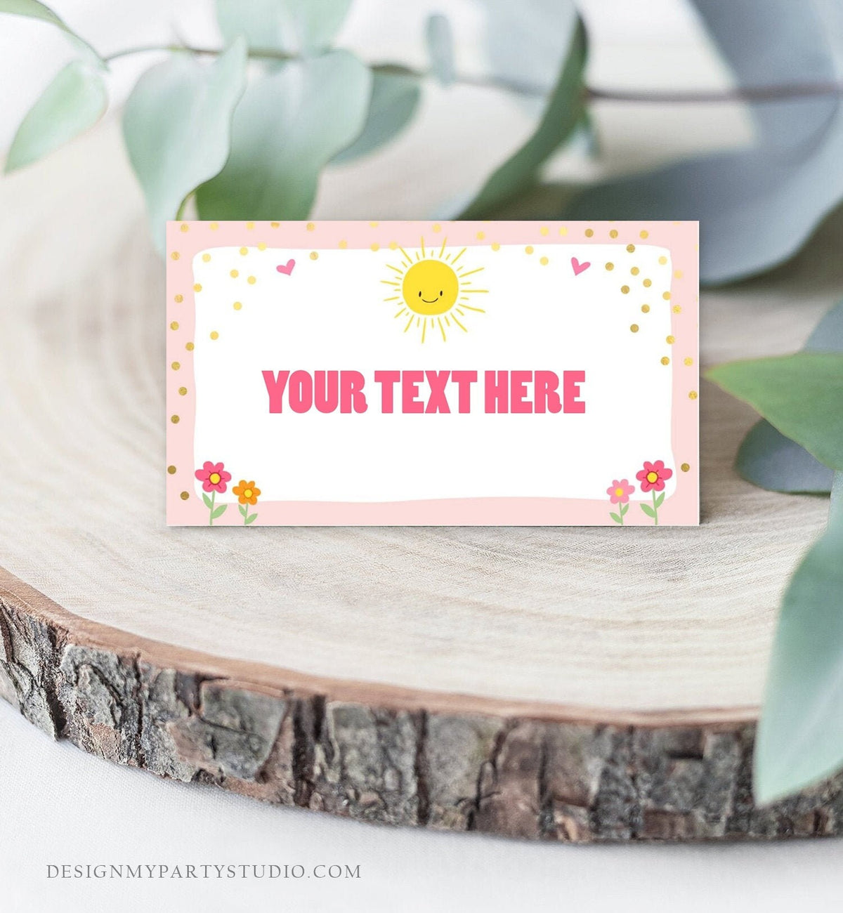 Editable Sunshine Food Labels Sunshine Place Card Sunshine Birthday Tent Card Escort Card Pink Girl Printable Template Corjl 0070