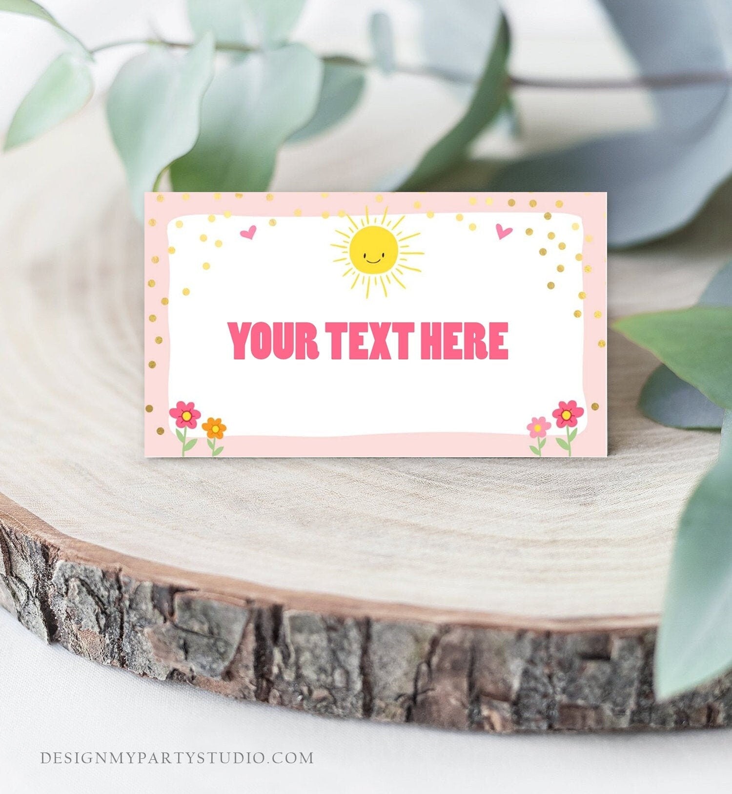 Editable Sunshine Food Labels Sunshine Place Card Sunshine Birthday Tent Card Escort Card Pink Girl Printable Template Corjl 0070