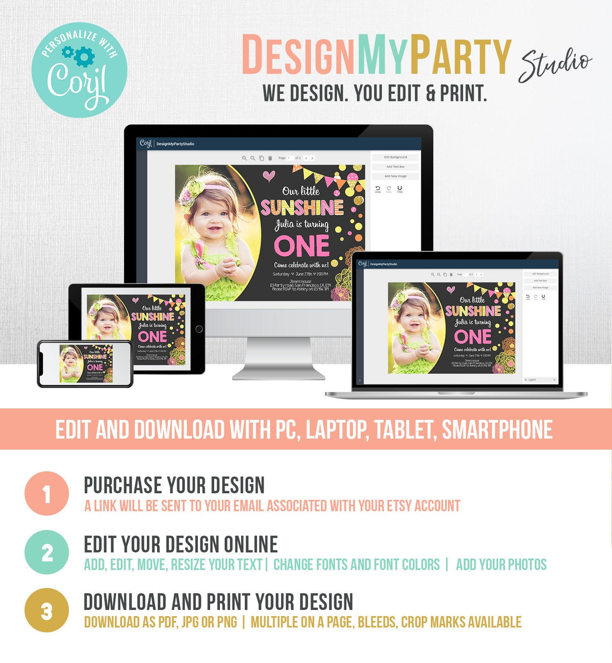 Editable Our Little Sunshine Birthday Invitation You Are My Sunshine First Birthday 1st Party Yellow Pink Girl Download Corjl Template 0239