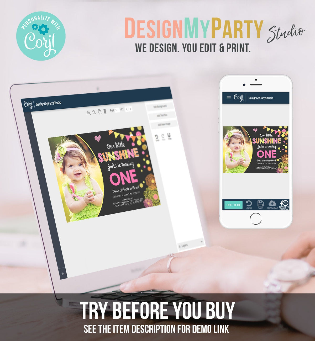 Editable Our Little Sunshine Birthday Invitation You Are My Sunshine First Birthday 1st Party Yellow Pink Girl Download Corjl Template 0239