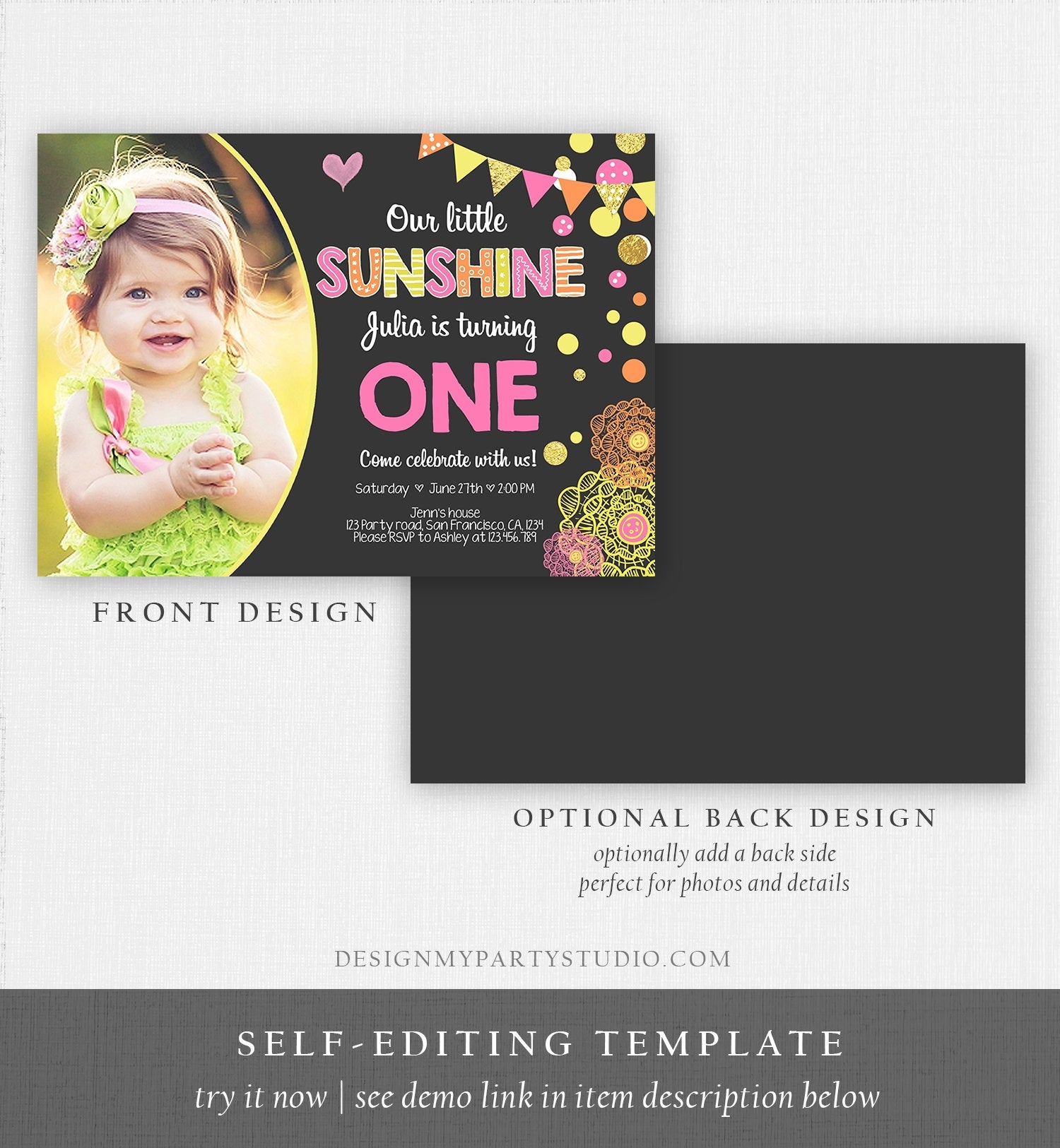 Editable Our Little Sunshine Birthday Invitation You Are My Sunshine First Birthday 1st Party Yellow Pink Girl Download Corjl Template 0239