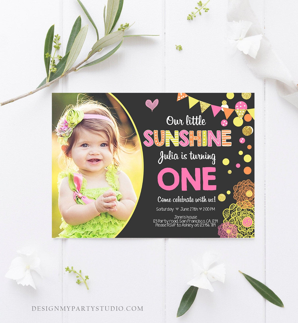 Editable Our Little Sunshine Birthday Invitation You Are My Sunshine First Birthday 1st Party Yellow Pink Girl Download Corjl Template 0239